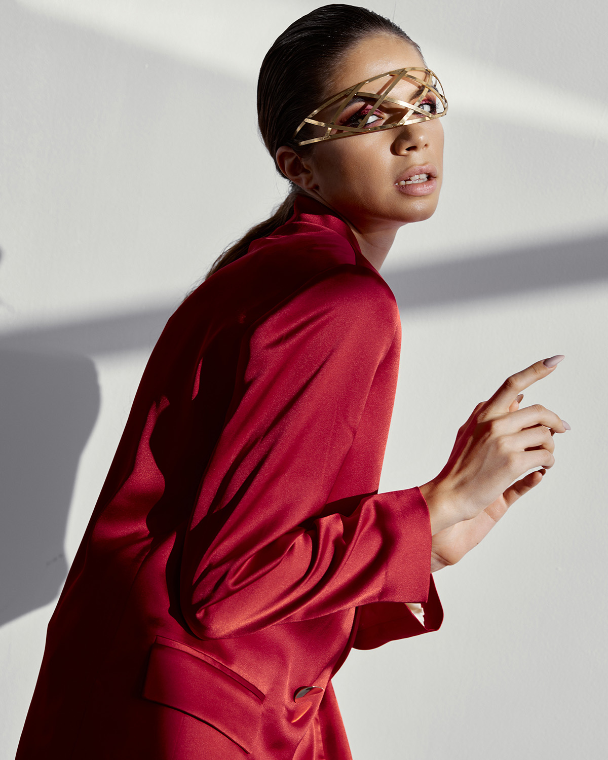 woman silk jacket with decoration her face shows her finger side copy space high quality photo 1